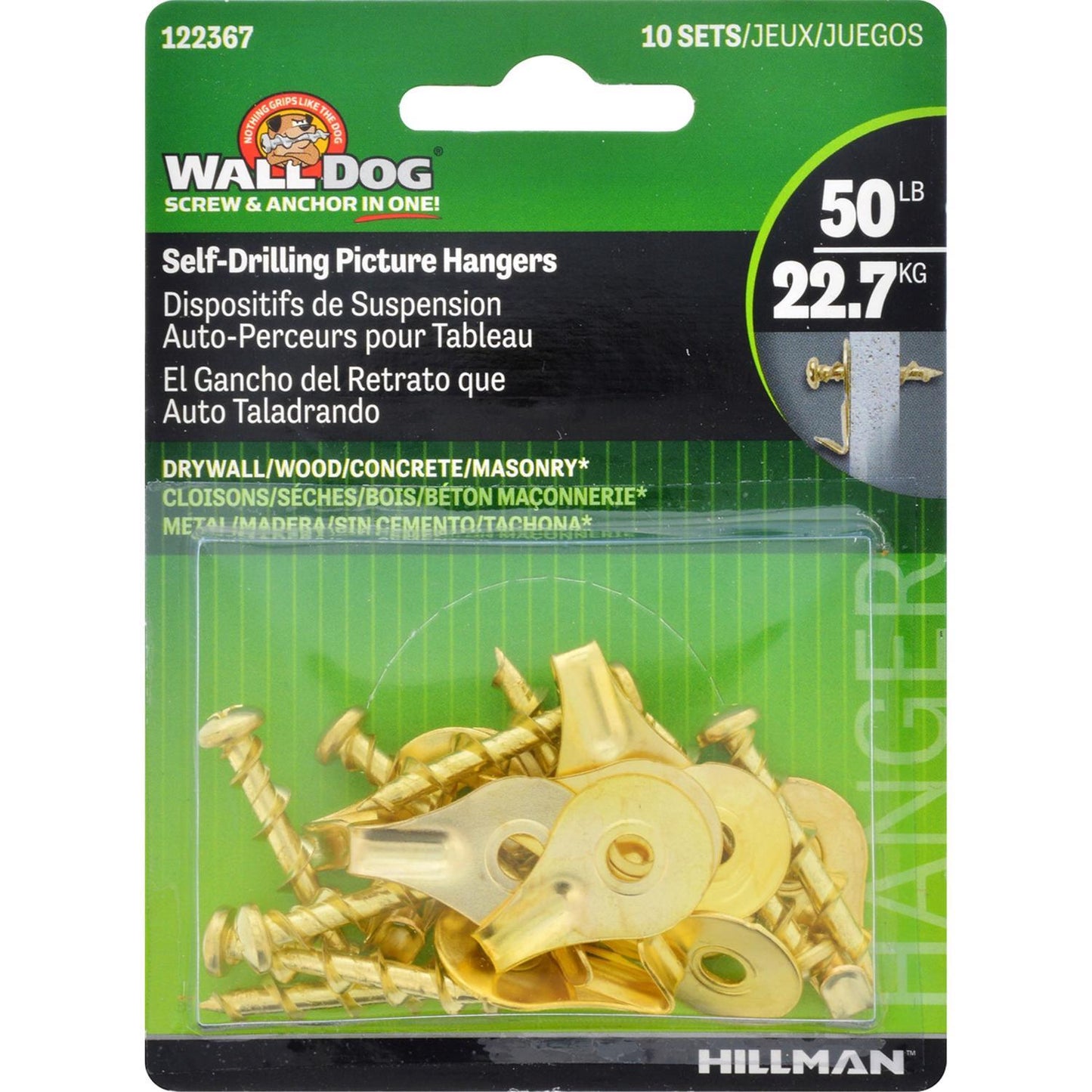Hillman WALL DOG Brass-Plated Gold Self-Drilling Picture Hangers, 50 lb Capacity, 10 Pack