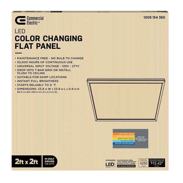 Commercial Electric 2 ft. x 2 ft. 4250 Lumens Non-Dimmable White Integrated LED Flat Panel Ceiling Flush Mount Light Fixture Selectable 5CCT