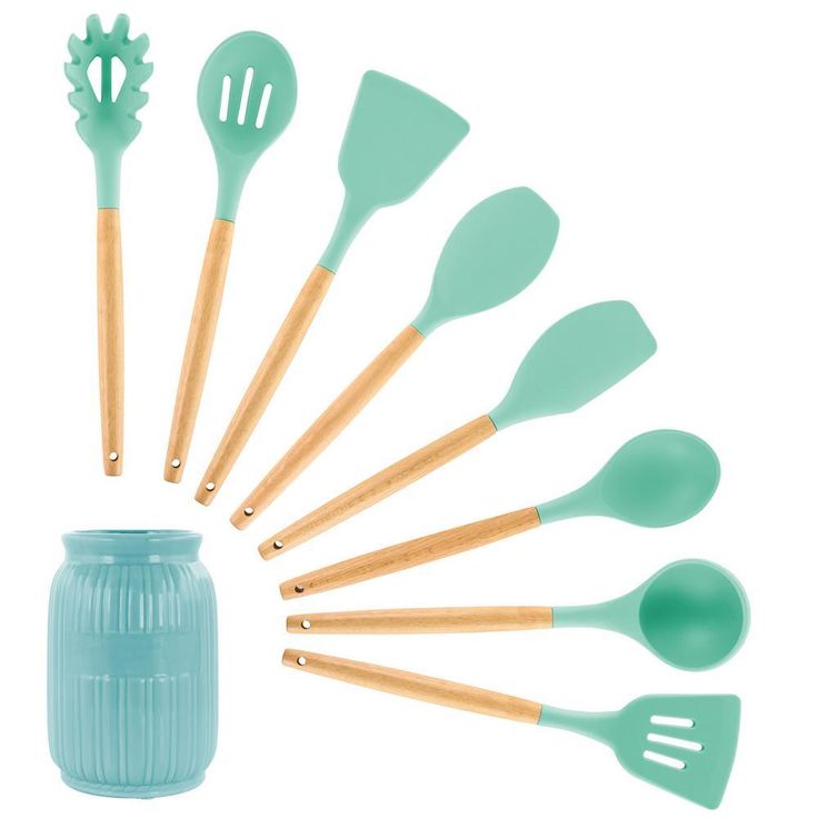 Mint Green Silicone and Wood Cooking Utensils (Set of 9)