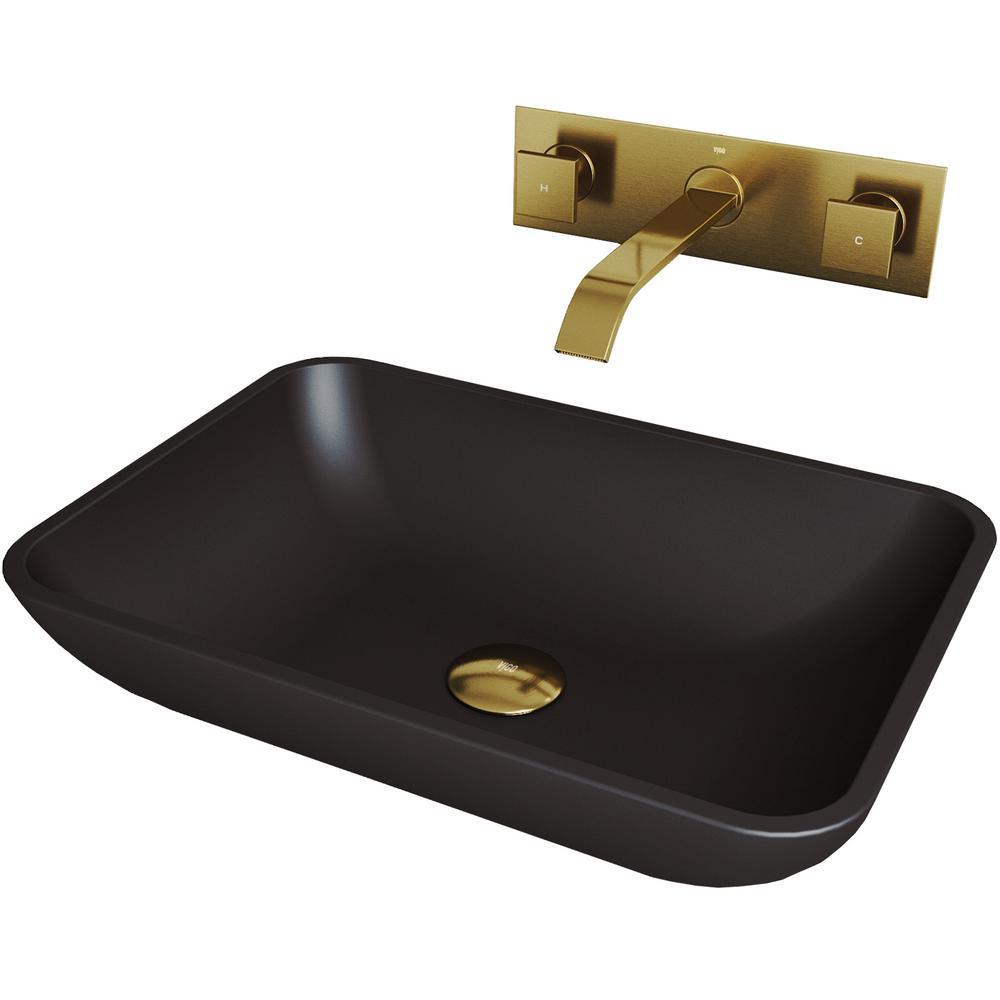 Sottile Glass Vessel Bathroom Sink in Black with Titus Faucet in Matte Gold - Super Arbor