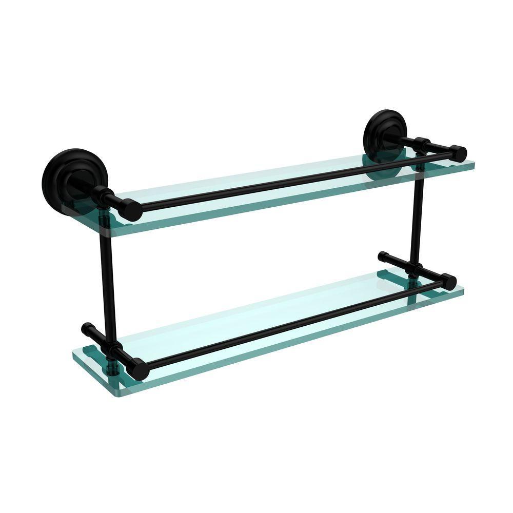 Que New 22 in. L x 8 in. H x 5 in. W 2-Tier Clear Glass Bathroom Shelf with Gallery Rail in Satin Nickel - Super Arbor