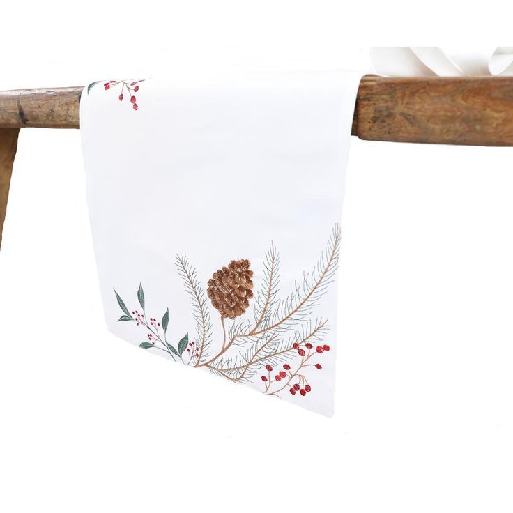 15 in. x 70 in. Pinecone And Berry Embroidered Christmas Table Runner, White