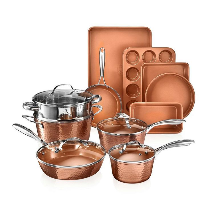 Hammered Copper 15-Piece Aluminum Non-Stick Cookware Set and Bakeware Set