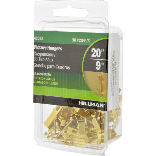 Hillman Brass-Plated Gold Conventional Picture Hangers, 20 lb Capacity, 50 Piece Pack