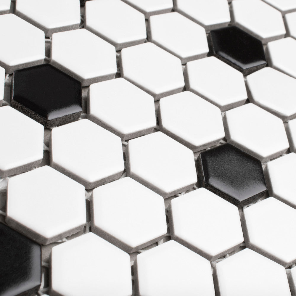 Merola Tile Madison Hex Matte 11-7/8 in. x 10-1/4 in. x 6mm Cool White with Black Dot Porcelain Mosaic Tile