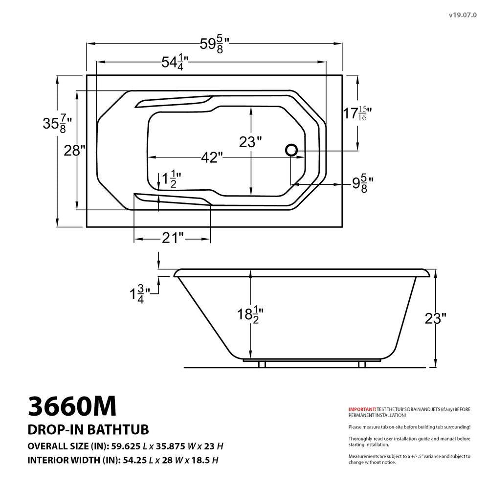 Onyx 5 ft. Rectangular Drop-in Whirlpool Bathtub in White - Super Arbor