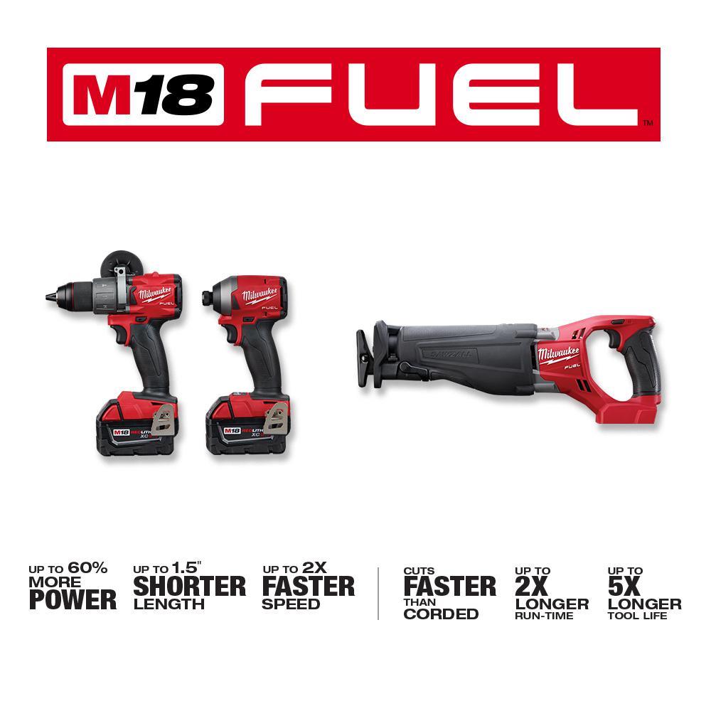 M18 FUEL 18-Volt Lithium-Ion Brushless Cordless Combo Kit (3-Tool) w/(2) 5Ah Batteries, Charger & Tool Bag - Super Arbor