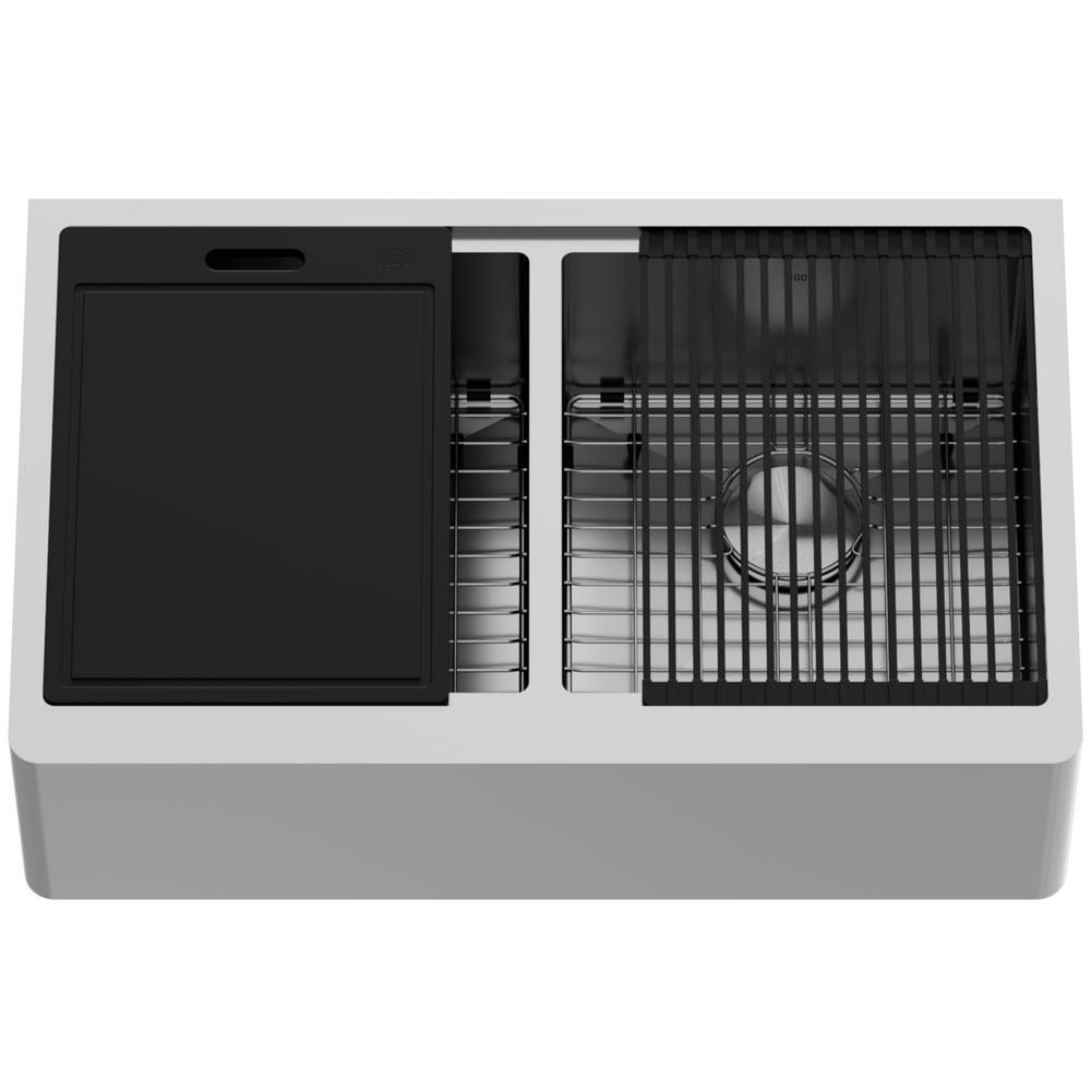 Oxford Stainless Steel 33 in. Double Bowl Flat Farmhouse Apron-Front Workstation Kitchen Sink with Accessories - Super Arbor