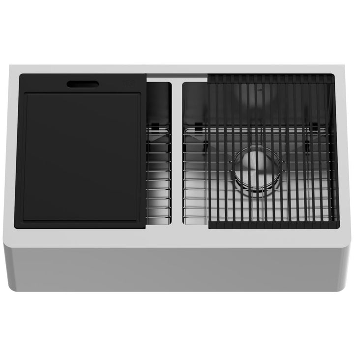 Oxford Stainless Steel 33 in. Double Bowl Flat Farmhouse Apron-Front Workstation Kitchen Sink with Accessories - Super Arbor