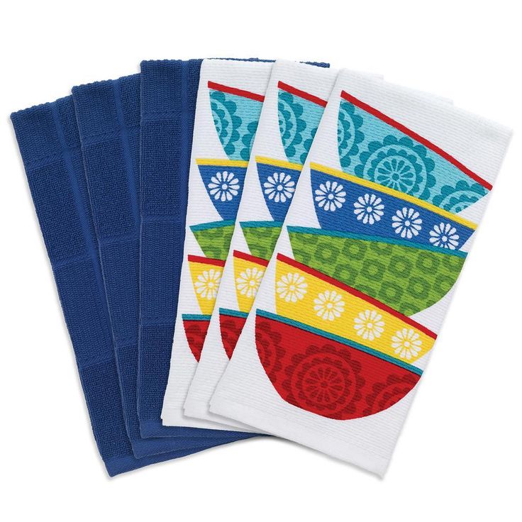 T-fal Multicolor Dish Stack Cotton Print Dual and Solid Kitchen Dish Towel (Set of 6)