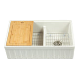 Yorkshire Farmhouse Fireclay 33 in. 55/45 Double Bowl Kitchen Sink with Cutting-Board, Grid and Strainer in White - Super Arbor