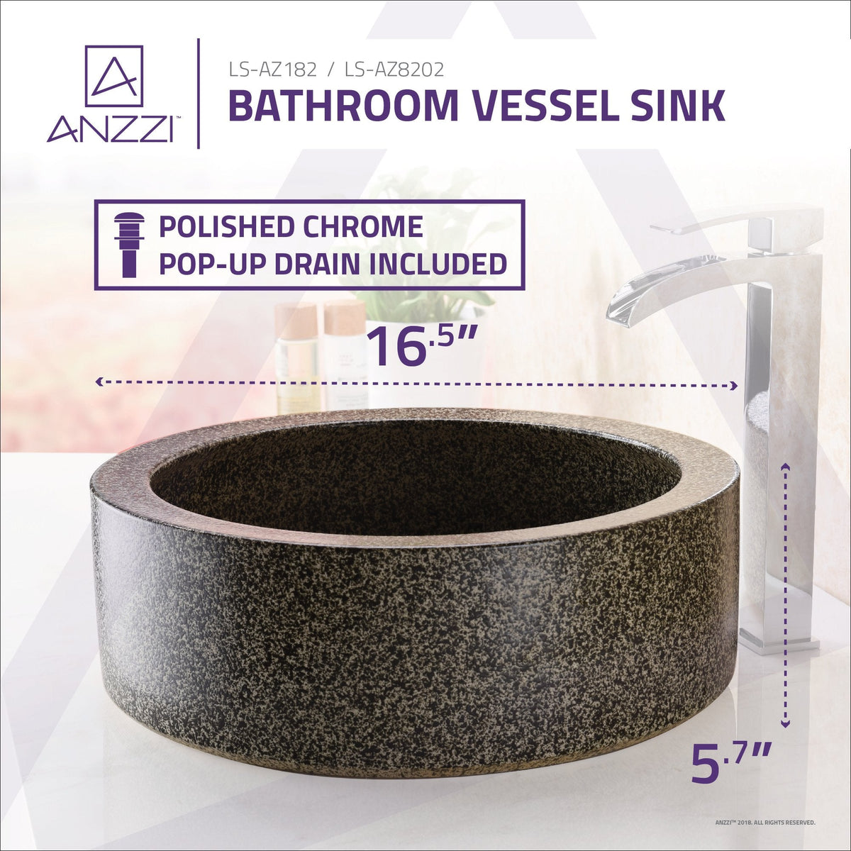 ANZZI Black Iro Round Vessel Sink, Speckled Stone, 16.5 x 5.7 in