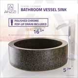 ANZZI Black Iro Round Vessel Sink, Speckled Stone, 16.5 x 5.7 in