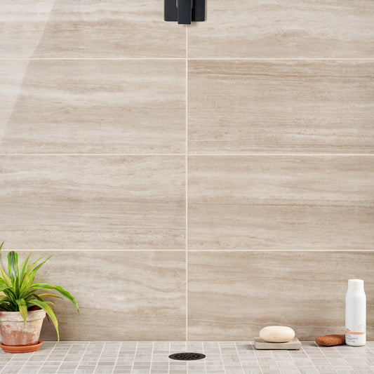 Nashville Taupe Beige 12x24 Polished Porcelain Tile - Travertine Look