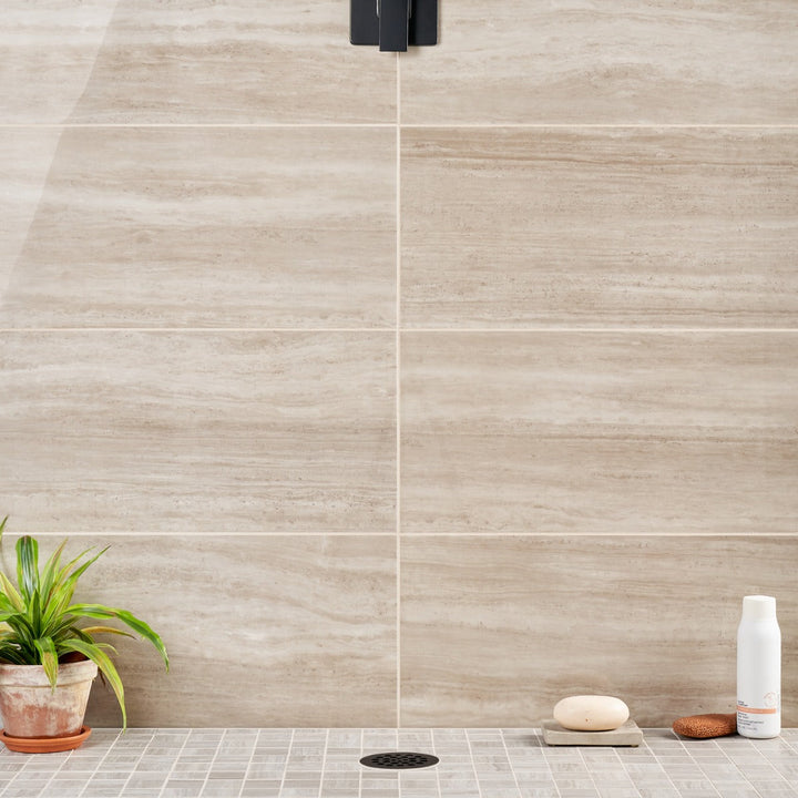 Nashville Taupe Beige 12x24 Polished Porcelain Tile - Travertine Look