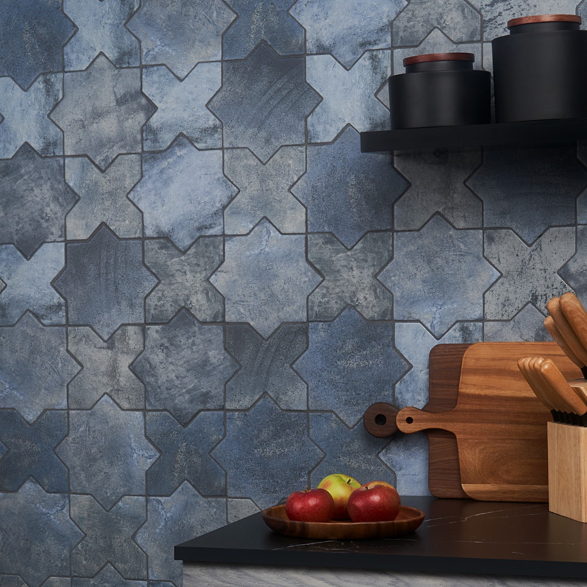 Parma Denim Blue Matte Star and Cross 6" Terracotta Look Porcelain Tile