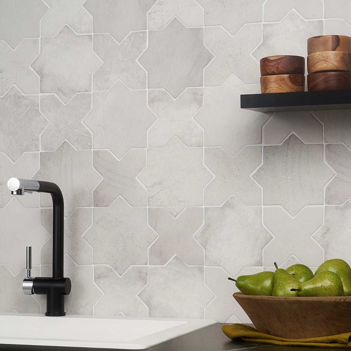 Parma White Matte Star and Cross 6" Terracotta Look Porcelain Tile