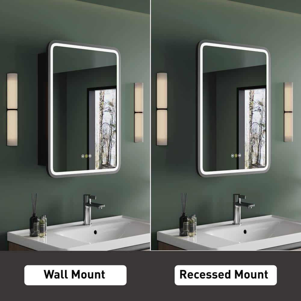 HBEZON Thalia 20 in. W x 28 in. H Rectangular Iron Black Recessed Medicine Cabinet with Mirror, LED Lighting, Anti-fog