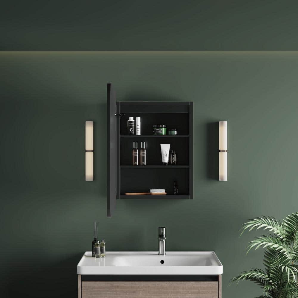 HBEZON Thalia 20 in. W x 28 in. H Rectangular Iron Black Recessed Medicine Cabinet with Mirror, LED Lighting, Anti-fog