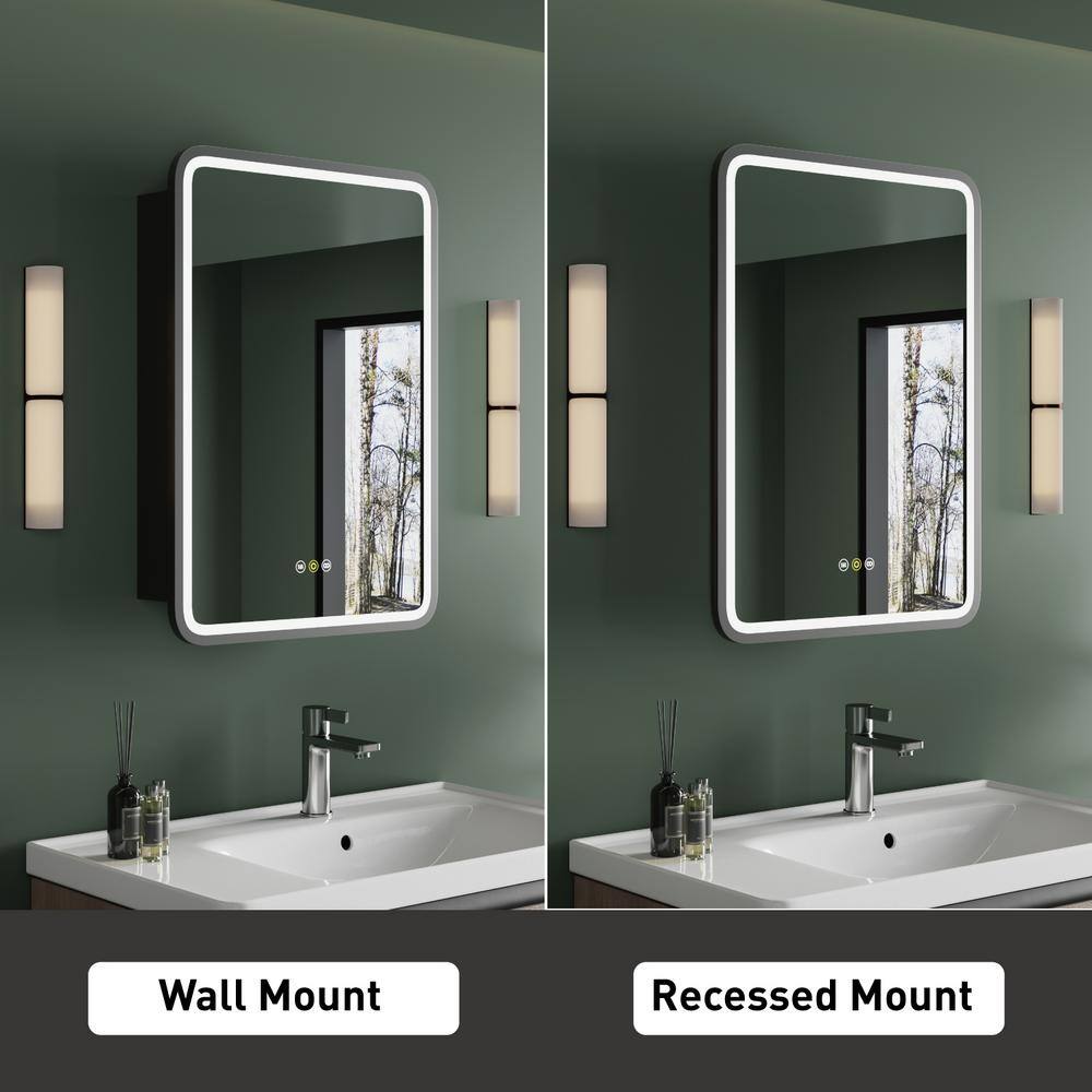 HBEZON Thalia 20 in. W x 28 in. H Rectangular Iron Black Recessed Medicine Cabinet with Mirror, LED Lighting, Anti-fog