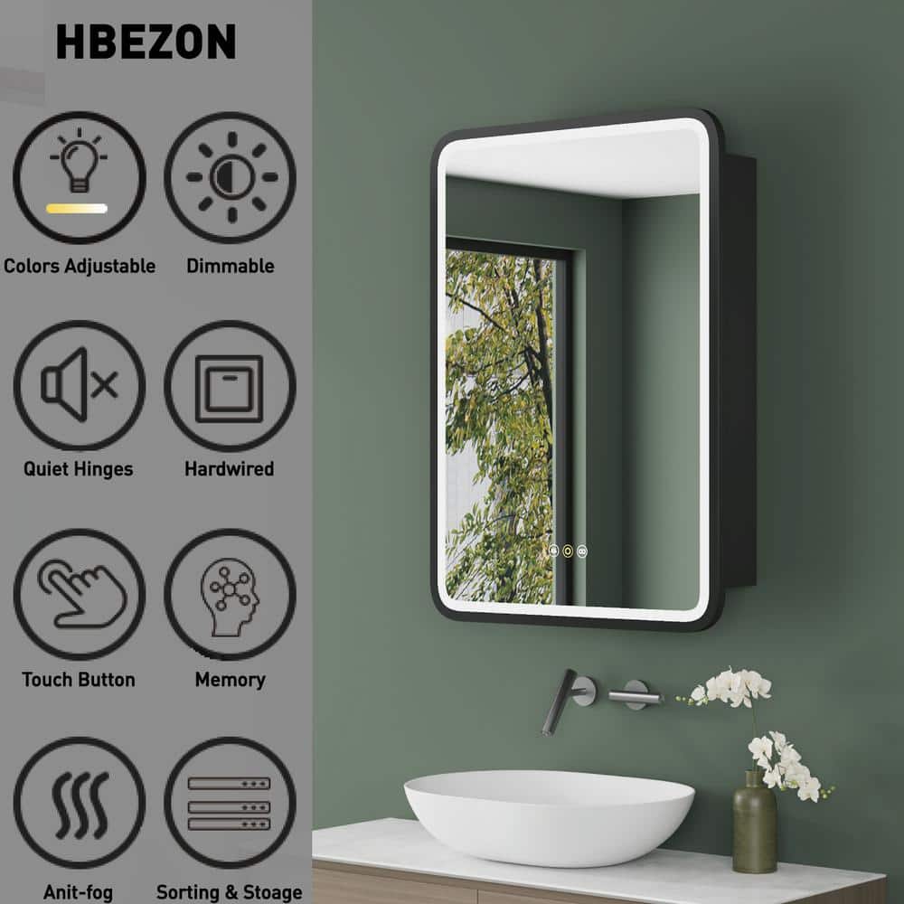 HBEZON Thalia 20 in. W x 28 in. H Rectangular Iron Black Recessed Medicine Cabinet with Mirror, LED Lighting, Anti-fog
