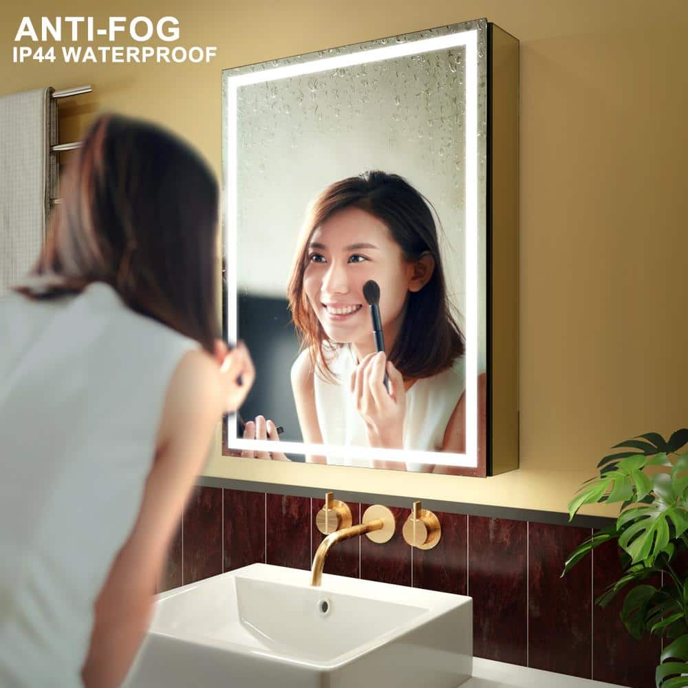 GANPE 20 in. W x 28 in. H Large Rectangular Silver Wall Mount LED Lighted Medicine Cabinet with Mirror