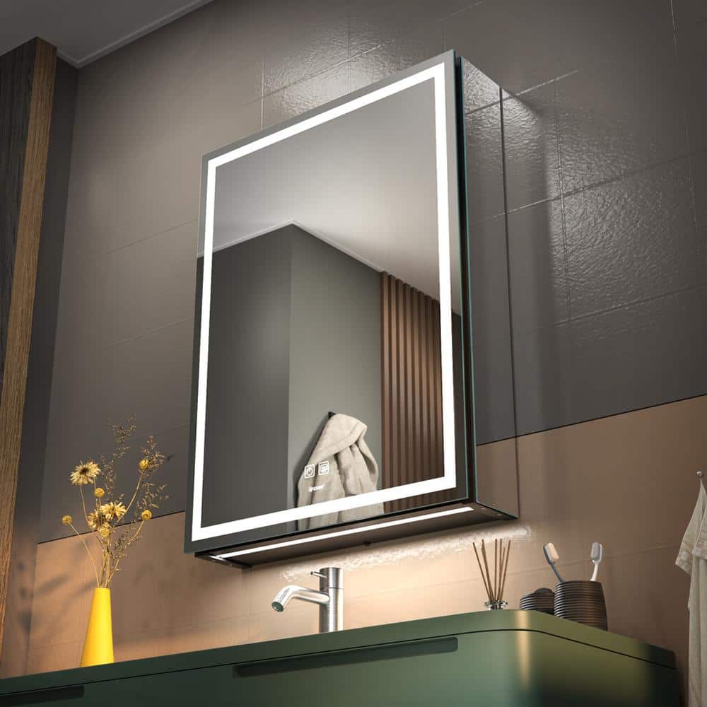 GANPE 20 in. W x 28 in. H Large Rectangular Silver Wall Mount LED Lighted Medicine Cabinet with Mirror
