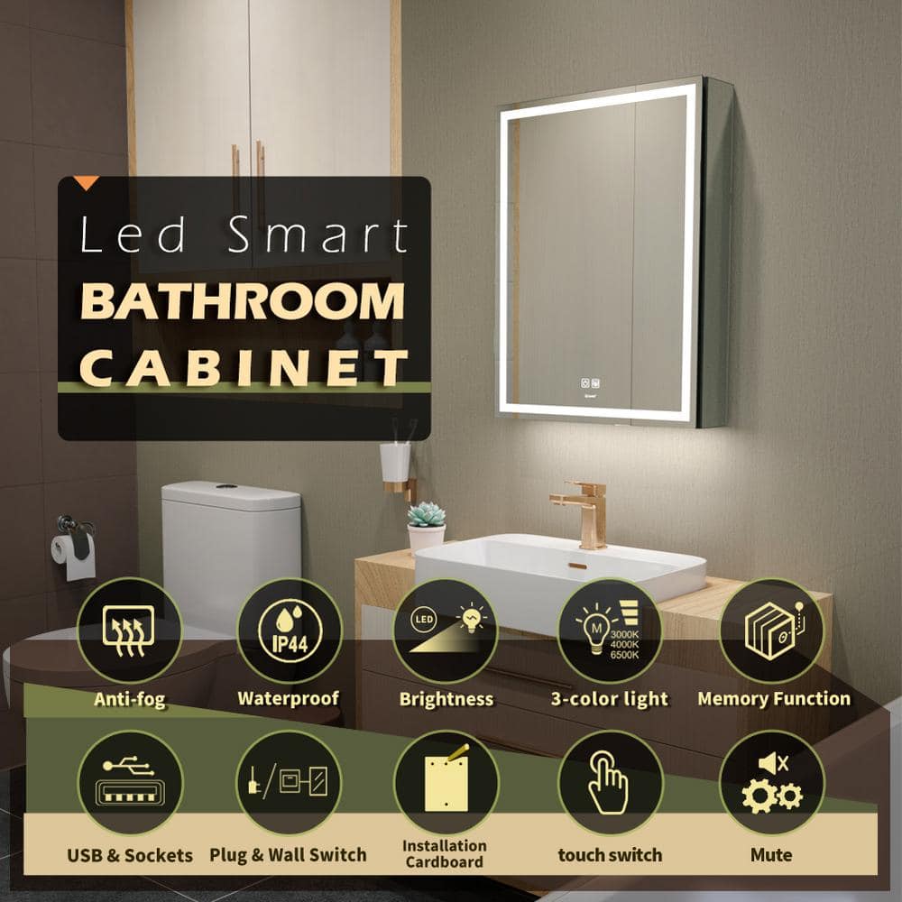 GANPE 20 in. W x 28 in. H Large Rectangular Silver Wall Mount LED Lighted Medicine Cabinet with Mirror