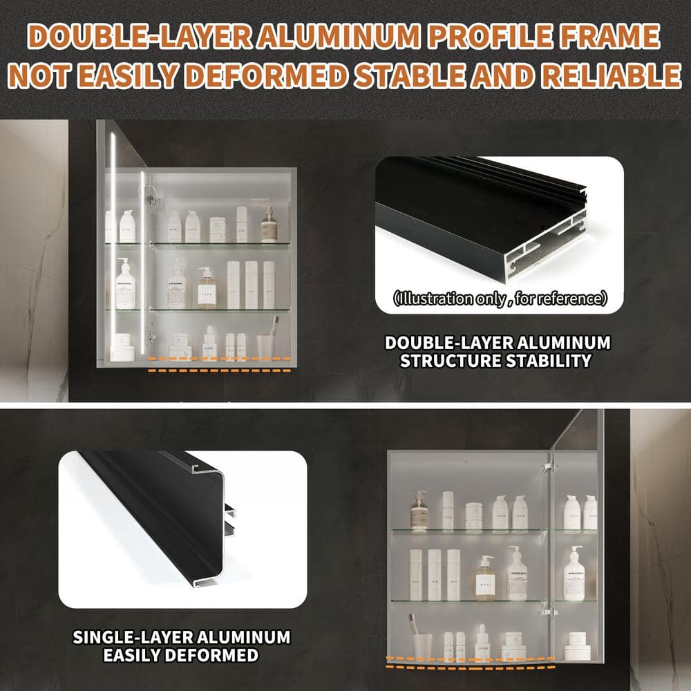 GroGro Glare 20 in. W x 26 in. H Rectangular Aluminum Recessed/Surface Mount Left Open Medicine Cabinet with Mirror LED