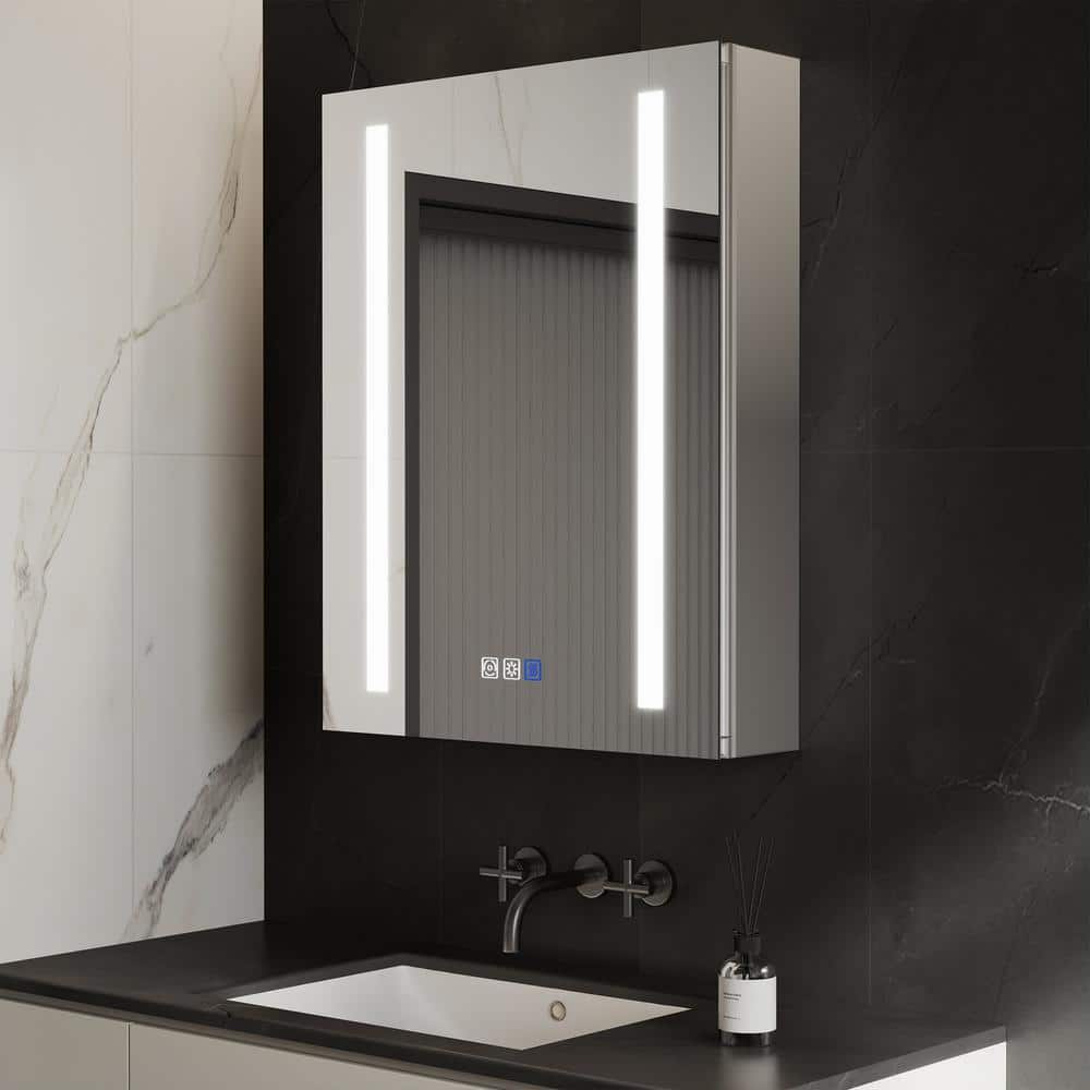 GroGro Glare 20 in. W x 26 in. H Rectangular Aluminum Recessed/Surface Mount Left Open Medicine Cabinet with Mirror LED