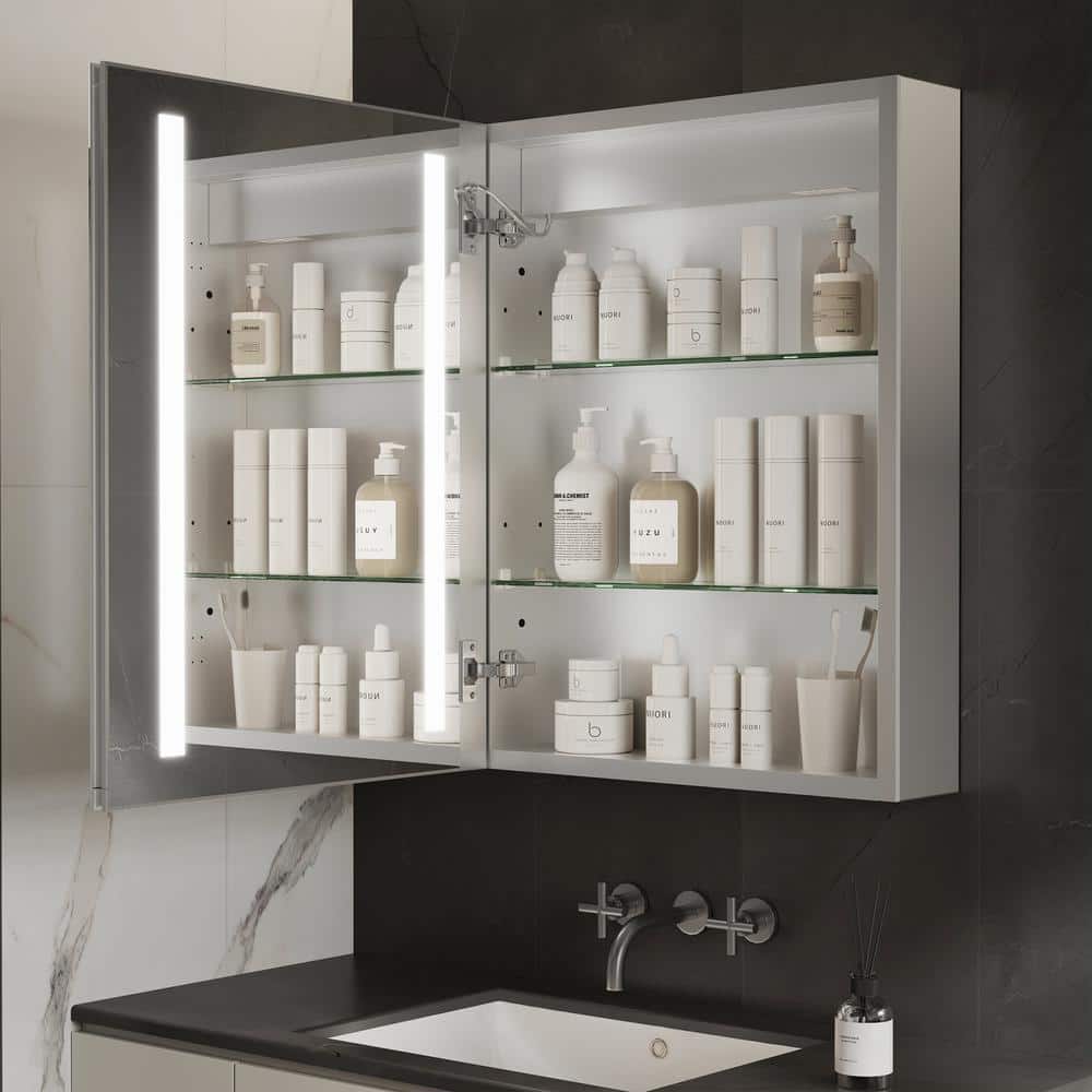 GroGro Glare 20 in. W x 26 in. H Rectangular Aluminum Recessed/Surface Mount Left Open Medicine Cabinet with Mirror LED