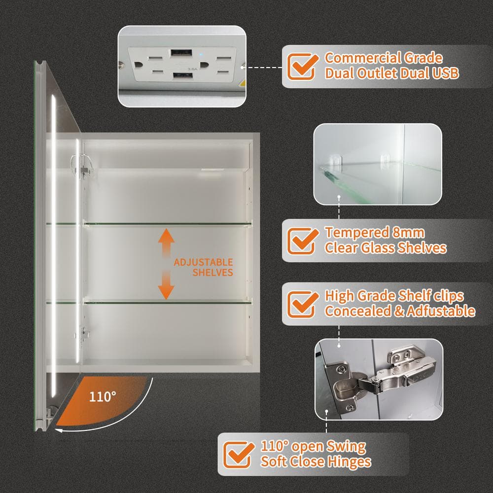 GroGro Glare 20 in. W x 26 in. H Rectangular Aluminum Recessed/Surface Mount Left Open Medicine Cabinet with Mirror LED