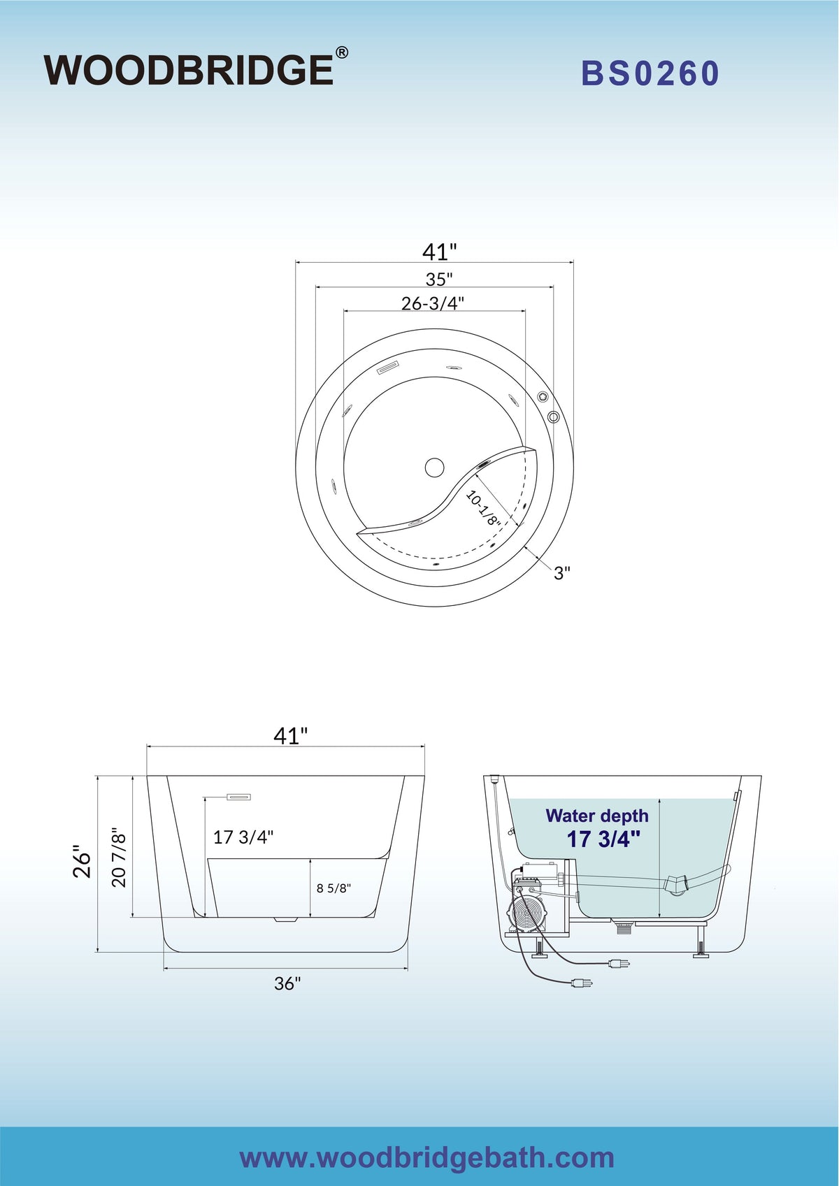 WOODBRIDGE 41 in. x 41 in. Acrylic Round Whirlpool Bathtub with Inline Heater, Pre‑Molded Seat, Reversible Drain, White