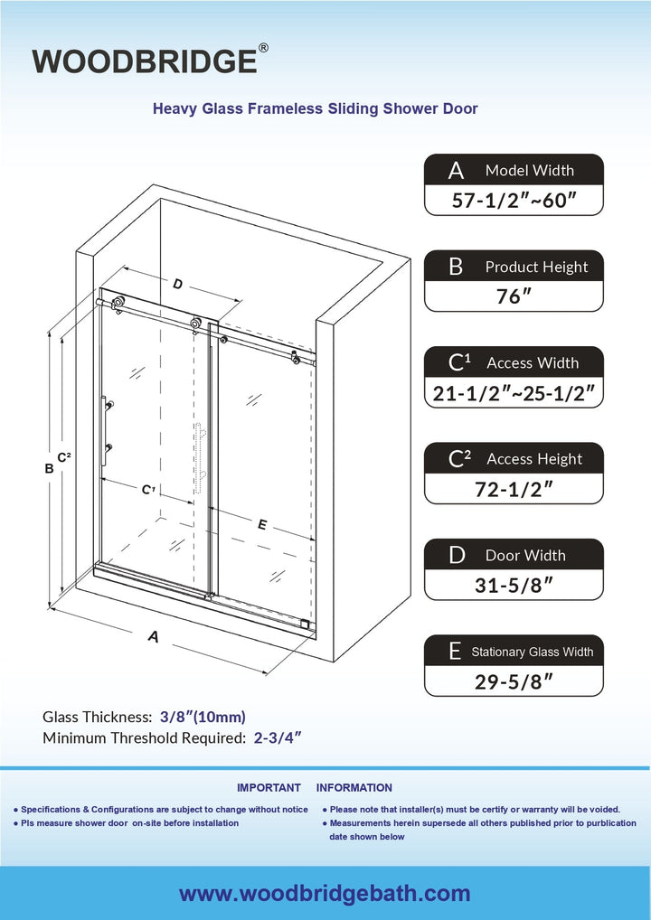WOODBRIDGE 60 in. W x 76 in. H Sliding Frameless Shower Door with Soft Close System and 3/8 in. Clear Glass, Matte Black