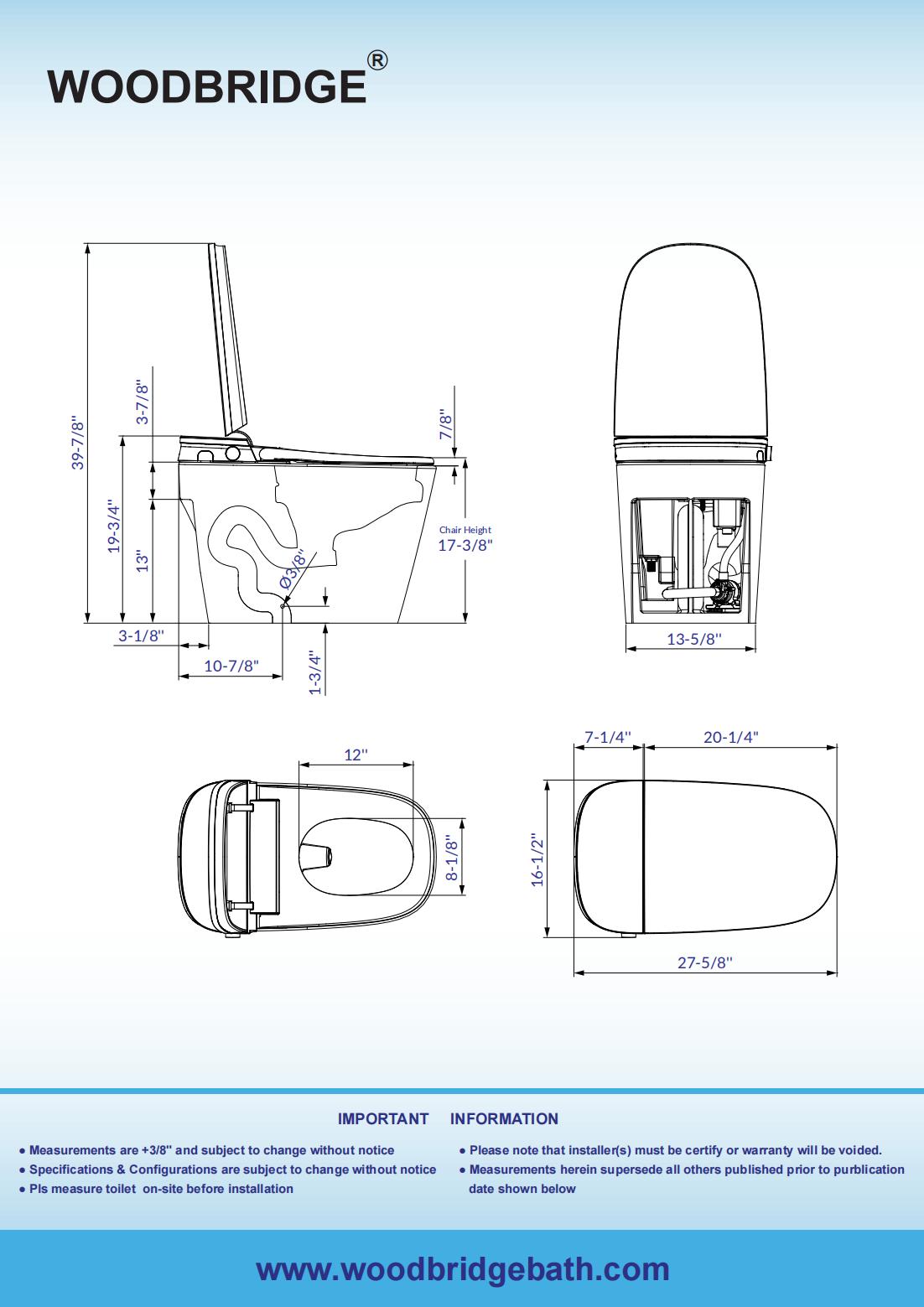 WOODBRIDGE Elongated Chair-Height Smart Toilet Bidet, White, Auto Open/Close, Foot Sensor, Cleaning Foam Dispenser, 1.28 GPF Dual Flush