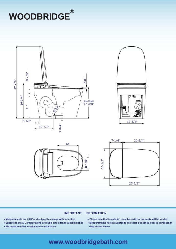 WOODBRIDGE Elongated Chair-Height Smart Toilet Bidet, White, Auto Open/Close, Foot Sensor, Cleaning Foam Dispenser, 1.28 GPF Dual Flush