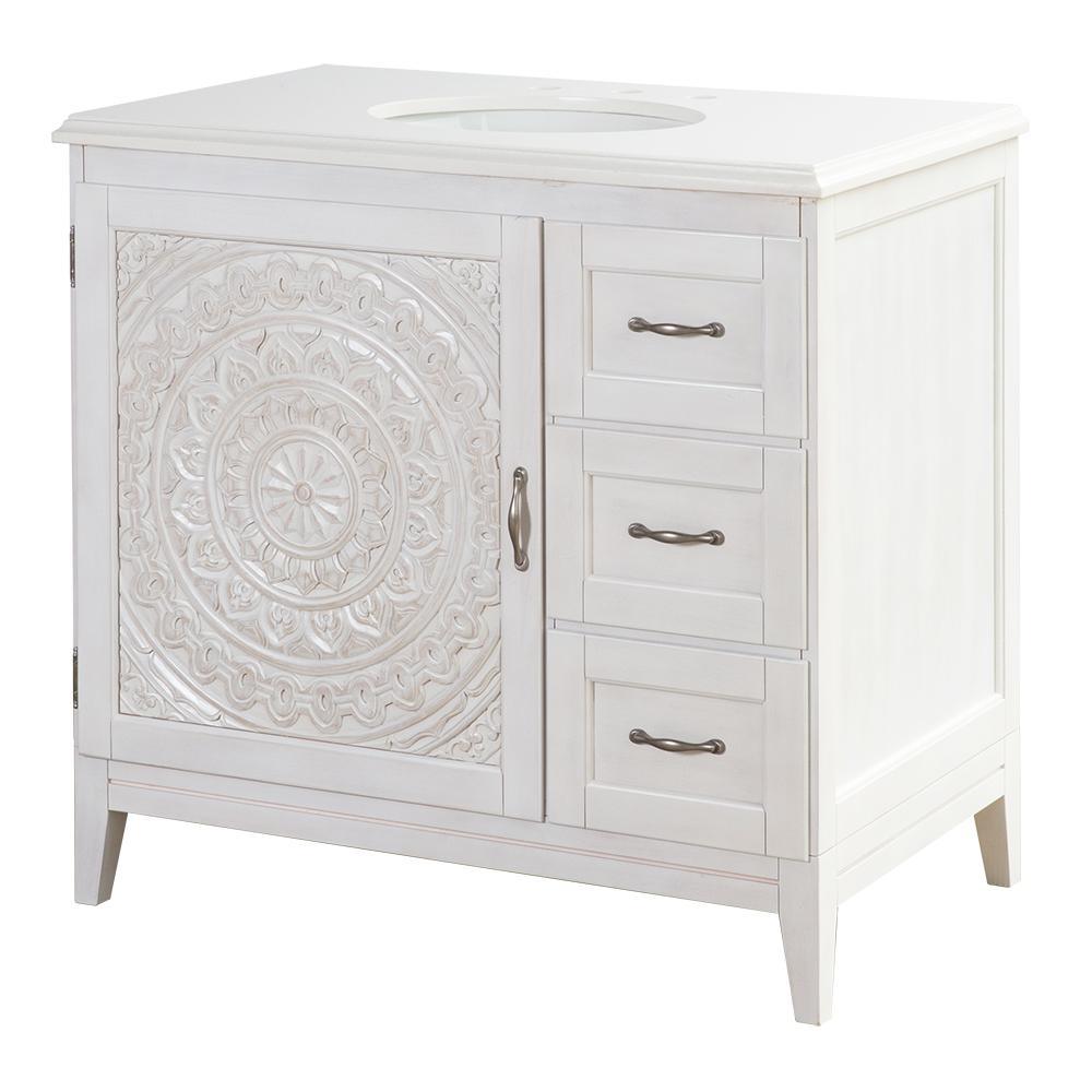 Chennai 37 in. W Single Vanity in White Wash with Engineered Stone Vanity Top in Crystal White with White Sink - Super Arbor