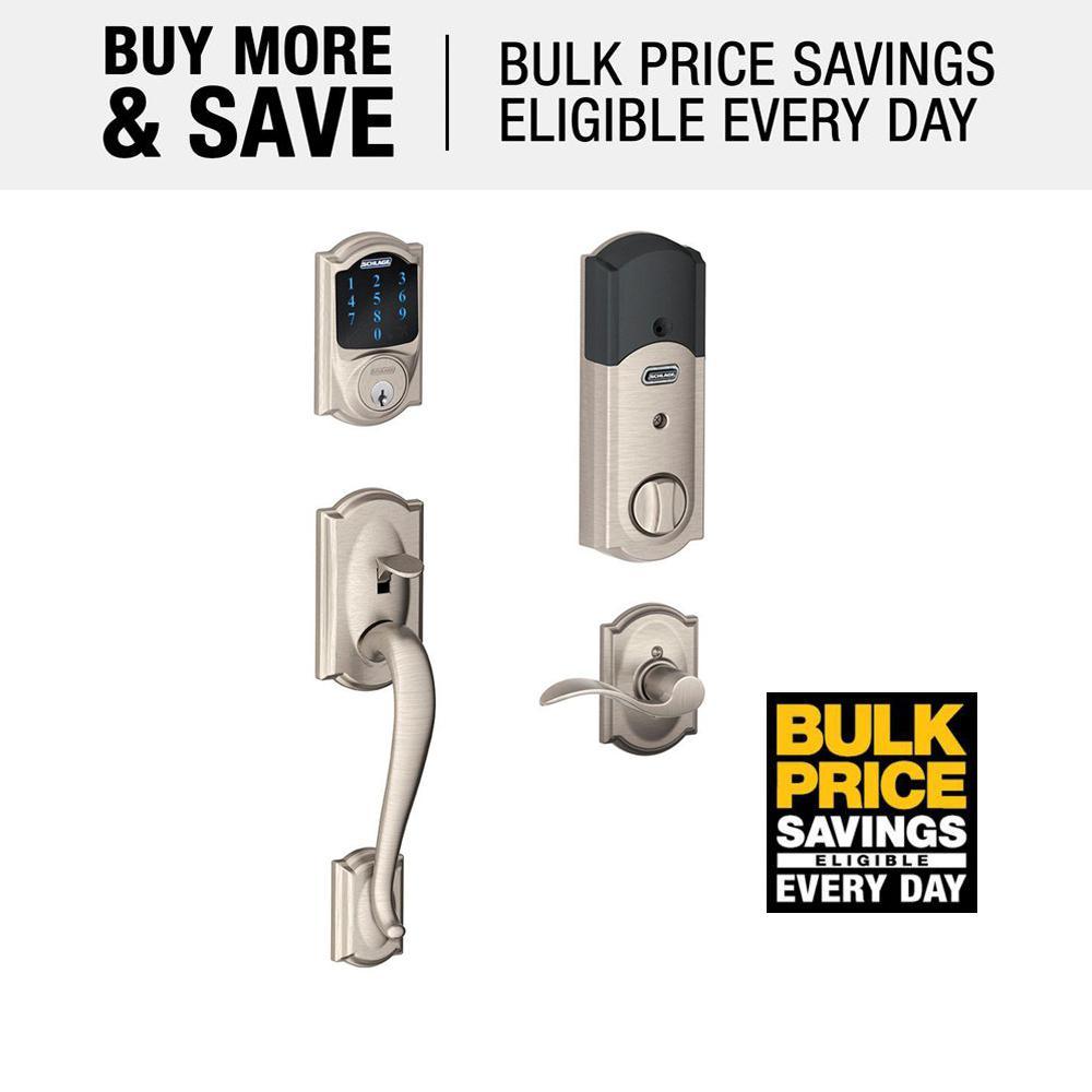 Camelot Satin Nickel Connect Z-Wave Plus Smart Deadbolt and Camelot Handleset with Accent Lever with Camelot Trim - Super Arbor