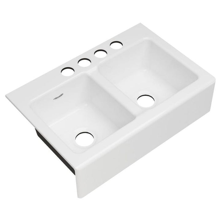 Delancey Farmhouse Apron Front Cast Iron 33 in. 4-Hole Double Bowl Kitchen Sink in Brilliant White