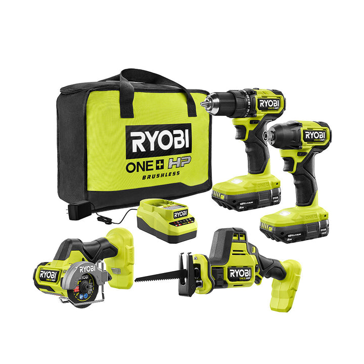 RYOBI ONE+ 18V HP Brushless Cordless 4-Tool Combo Kit with (2) Batteries, Charger, Bag + Free Band Saw