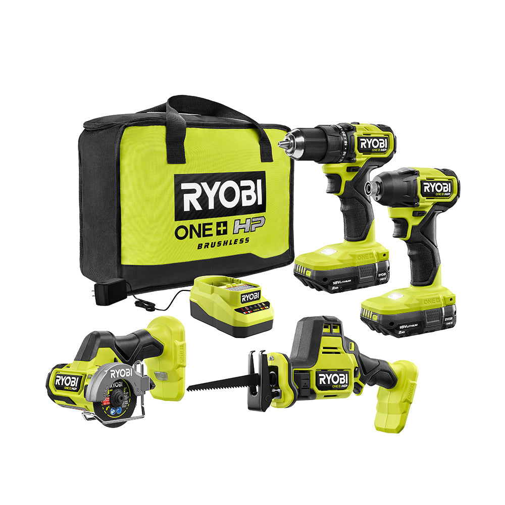 RYOBI ONE+ 18V HP Brushless Cordless 4-Tool Combo Kit with (2) Batteries, Charger, Bag + Free Band Saw
