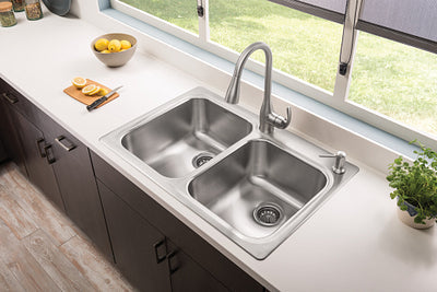 Moen Kelsa 33-in x 22-in Stainless Steel Double Equal Bowl Dual-Mount 2-Hole Kitchen Sink All-in-One Kit with Pulldown Faucet