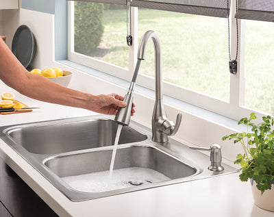 Moen Kelsa 33-in x 22-in Stainless Steel Double Equal Bowl Dual-Mount 2-Hole Kitchen Sink All-in-One Kit with Pulldown Faucet
