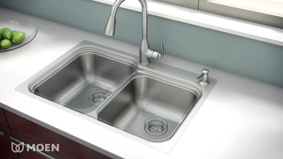 Moen Kelsa 33-in x 22-in Stainless Steel Double Equal Bowl Dual-Mount 2-Hole Kitchen Sink All-in-One Kit with Pulldown Faucet