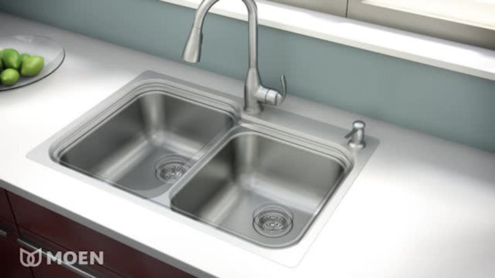 Moen Kelsa 33-in x 22-in Stainless Steel Double Equal Bowl Dual-Mount 2-Hole Kitchen Sink All-in-One Kit with Pulldown Faucet