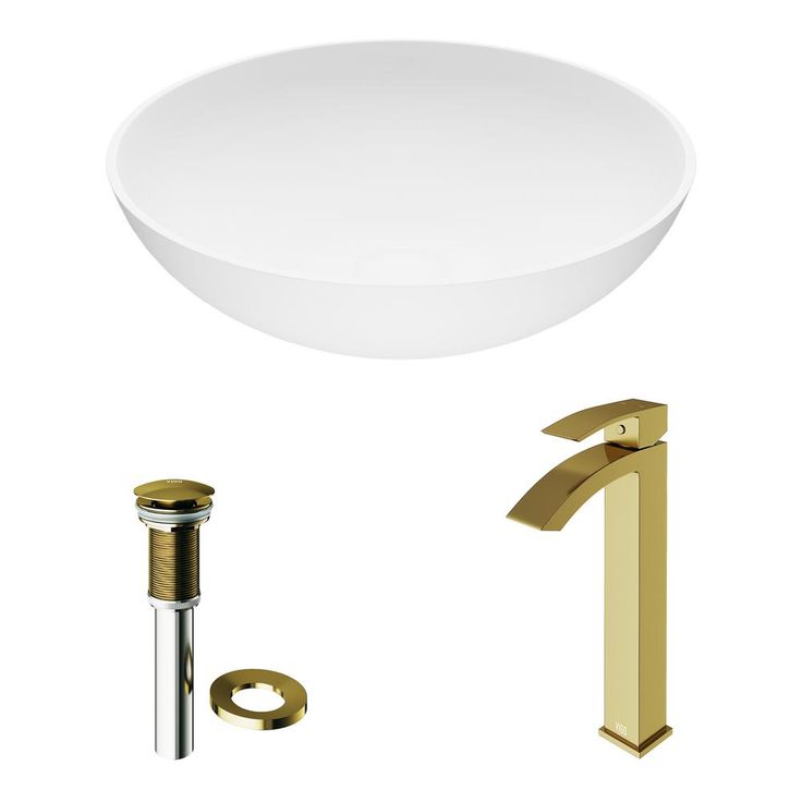 VIGO Lotus Matte Stone Vessel Bathroom Sink in White with Duris Faucet in Matte Gold