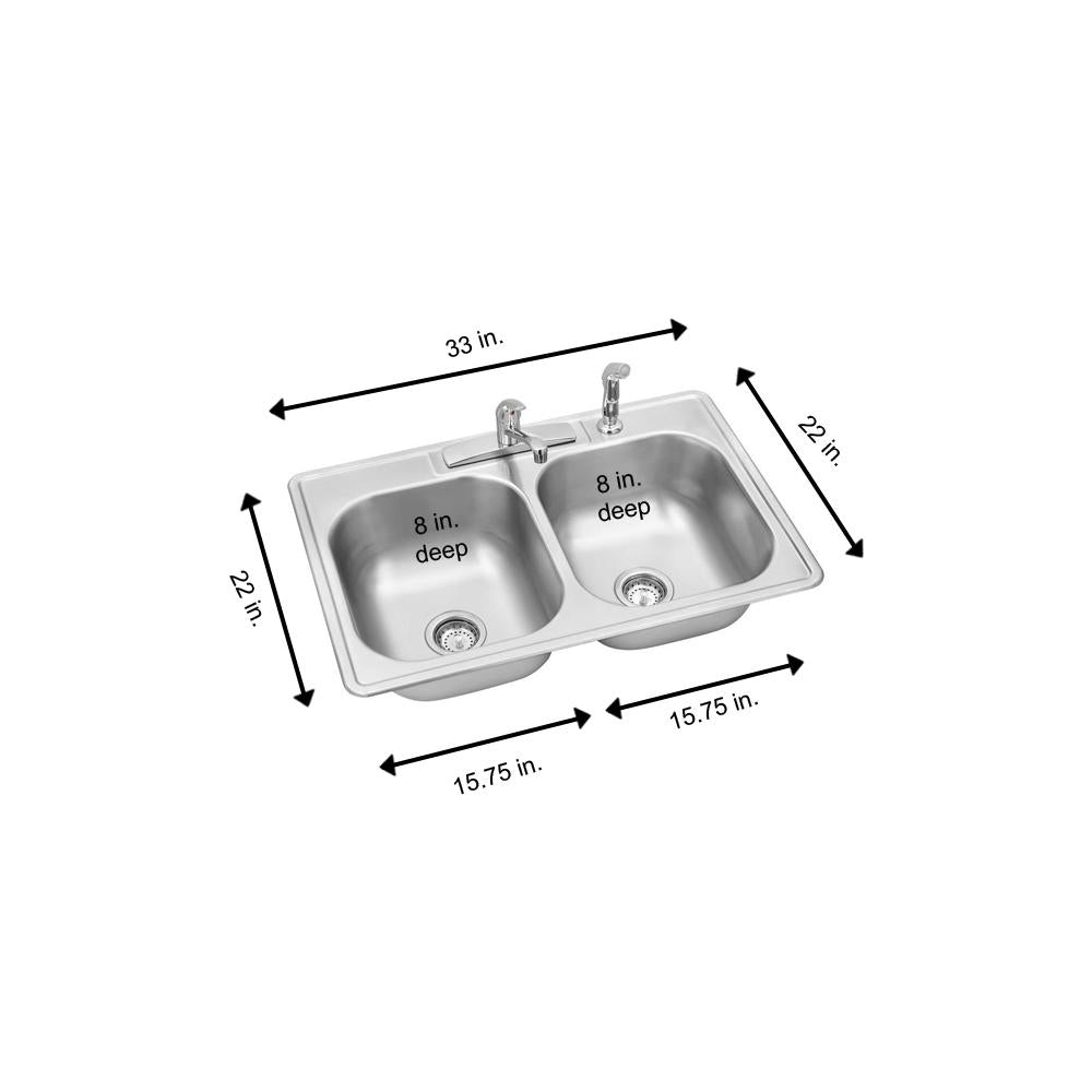 Swift Install All-in-One Drop-In Stainless Steel 33 in. 4-Hole Double Bowl Kitchen Sink Kit - Super Arbor