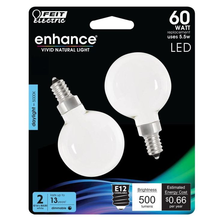 Feit Electric 60-Watt Equivalent G16.5 Candelabra Dimmable Filament ENERGY STAR White Glass LED Light Bulb, Daylight (2-Pack)