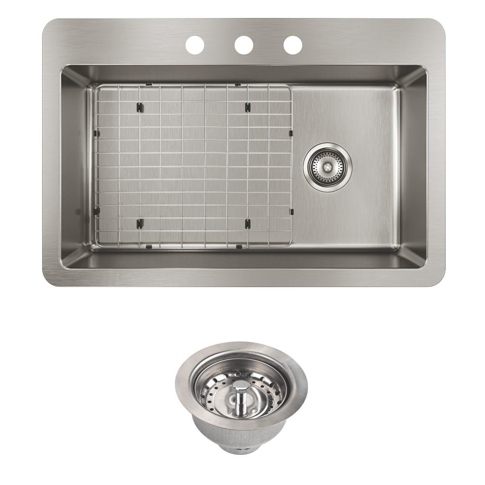 Avenue Drop-in/Undermount Stainless Steel 33 in. Single Bowl Kitchen Sink with Bottom Grid - Super Arbor