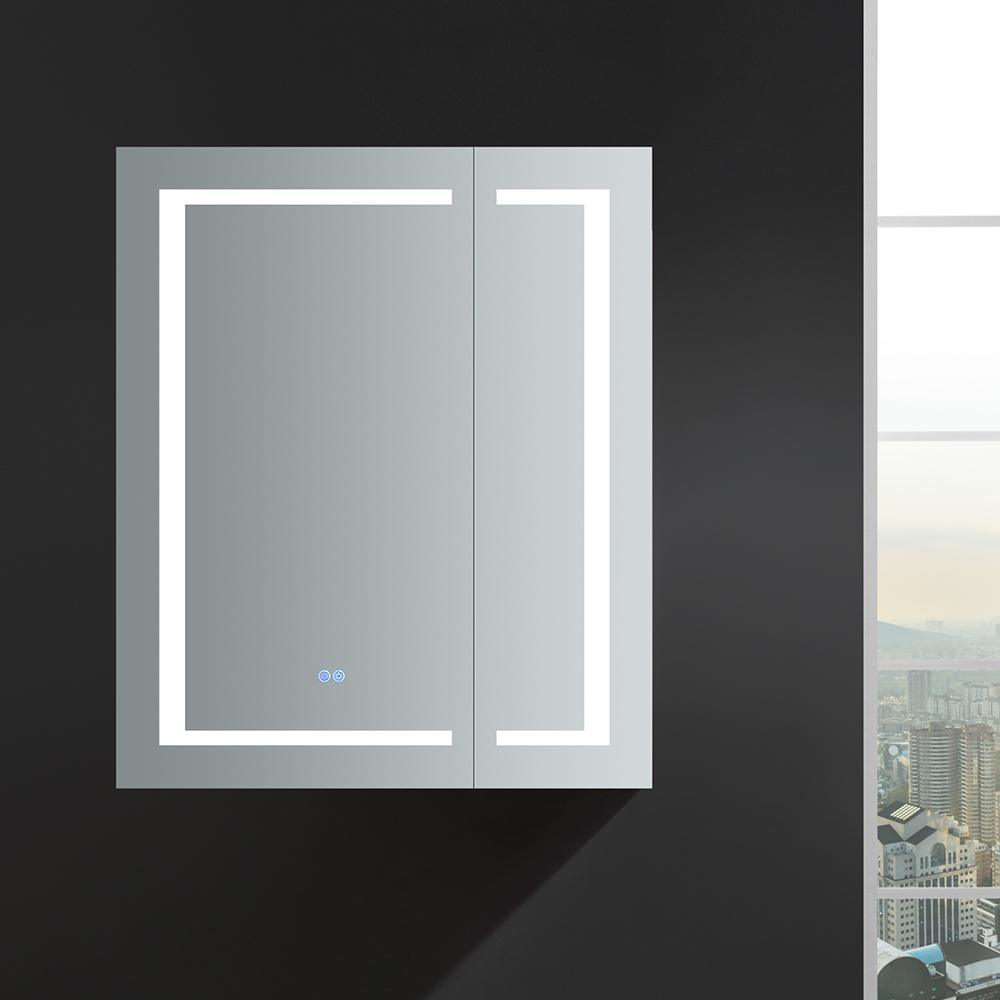 Spazio 30 in. W x 36 in. H Recessed or Surface Mount Medicine Cabinet with LED Lighting and Mirror Defogger - Super Arbor